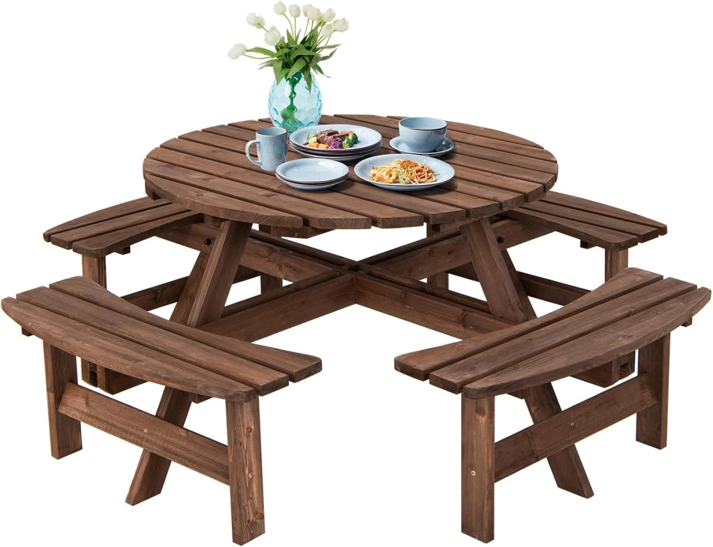 Tavolo da Picnic per 8 Persone con Foro per Ombrellone, Tavolo con Panche in Legno di Abete, Set da Giardino Esterno per Bar, Agriturismo, Sagra, Patio, Balcone, φ179 x 70 cm (Marrone)