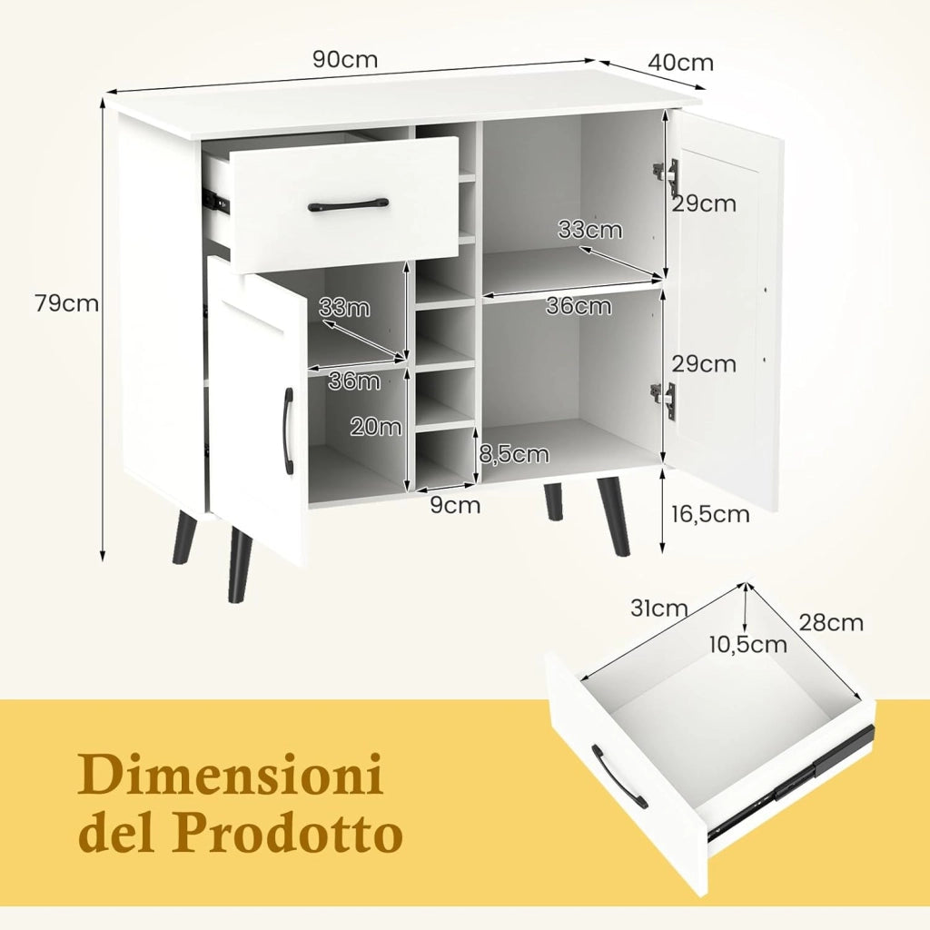 Credenza Buffett da Cucina con 6 Cubi Porta Bottiglie di Vino, Mobile da Cucina con Cassetto, 2 Ante e 2 Ripiani Regolabili, Armadio in Legno Salvaspazio per Soggiorno, 90 x 40 x 79 cm, Bianco