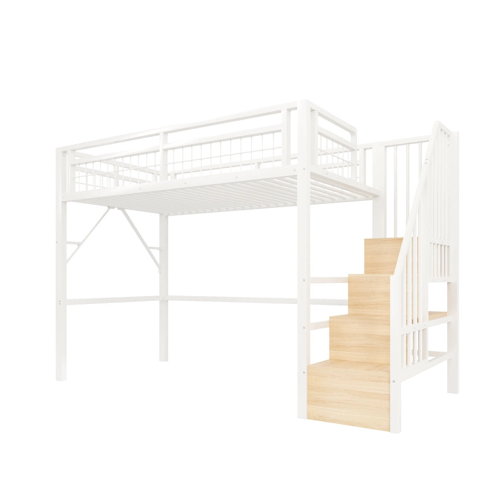 Letto a soppalco singolo 90×200 cm con LED e scale con vano contenitore; senza materasso; metallo; bianco