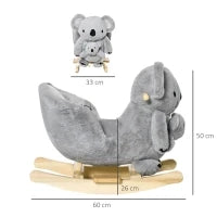 Cavallo a Dondolo Koala in Peluche Imbottita con Suoni, Cintura di sicurezza e Base in Legno, 60x33x50cm, Grigio