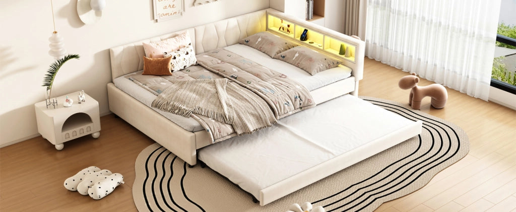 DESMIU Divano letto 140 × 200 cm 2 posti con USB, Type-C, LED, ripiani, senza materasso, in lino e MDF, beige