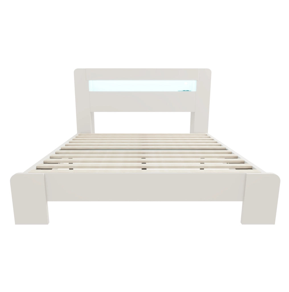 Letto matrimoniale multifunzione 140x200 cm in legno bianco con testiera contenitore; LED e prese integrate