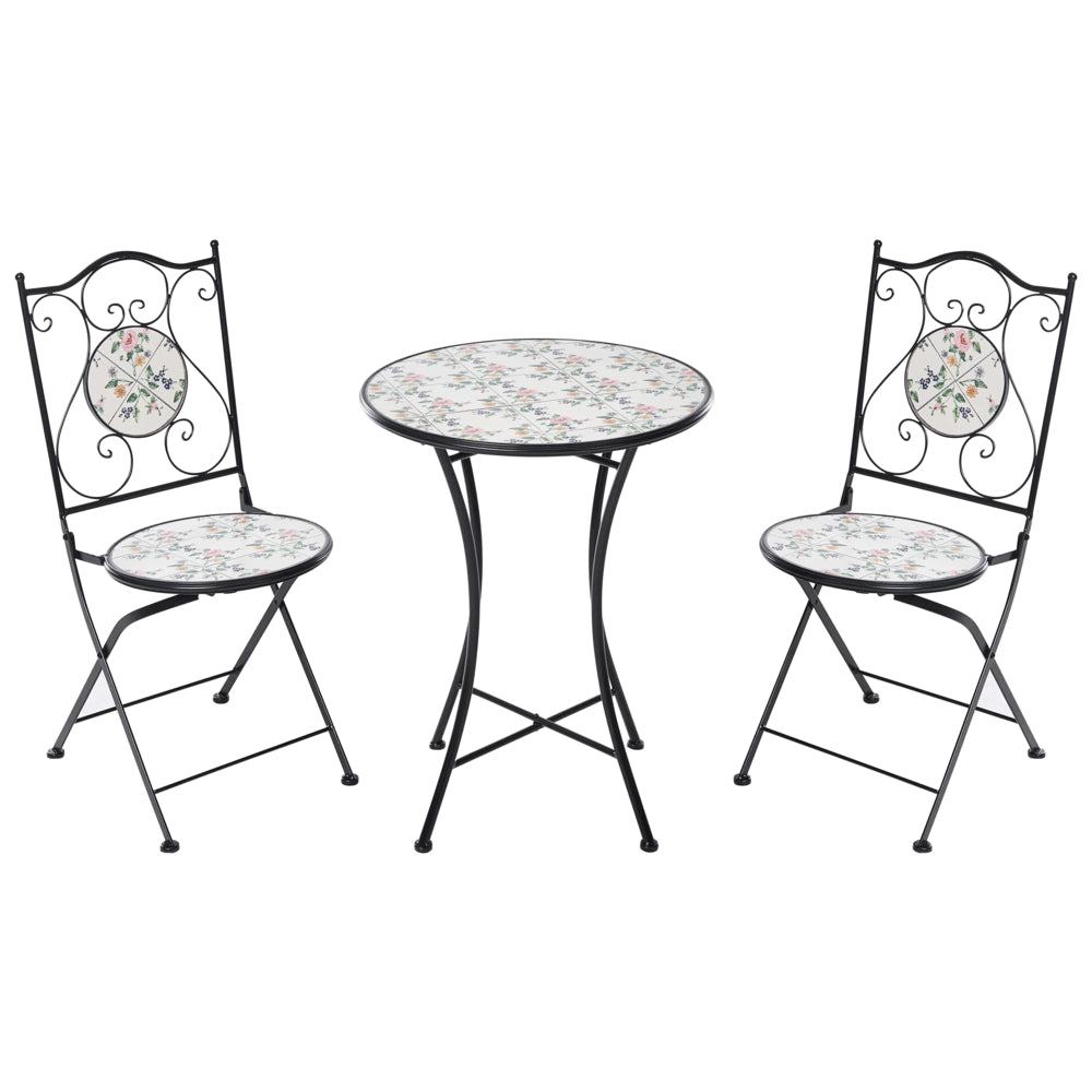 Set da bistrot in ferro nero con piastrelle rotonde in ceramica a mosaico stile ferro battuto pieghevole