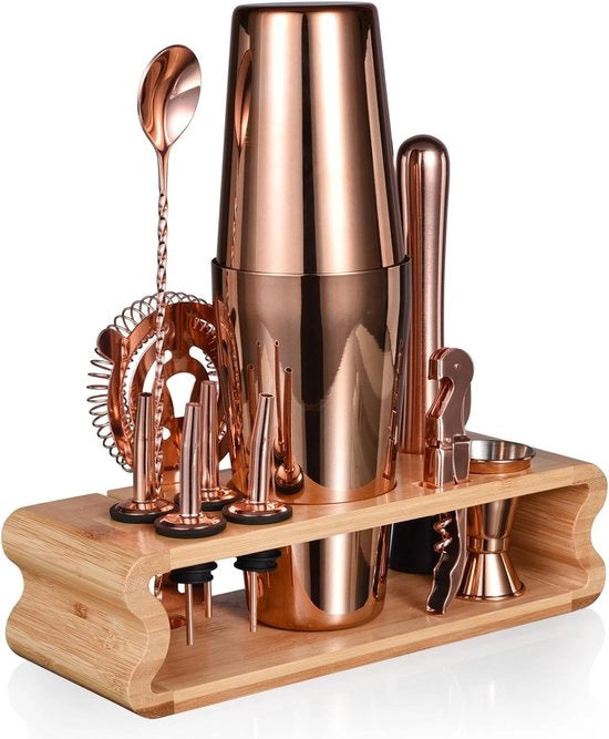 Set di Cocktail Shaker Professionale con Stand in Bambù - 12 pezzi per Drink Mixati