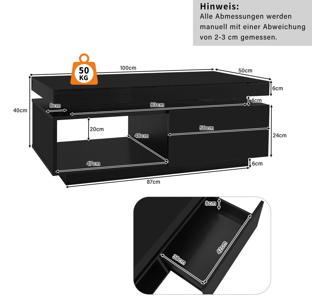 Tavolino da caffè moderno lucido con LED e cassetto; 100x50x40;3 cm; nero