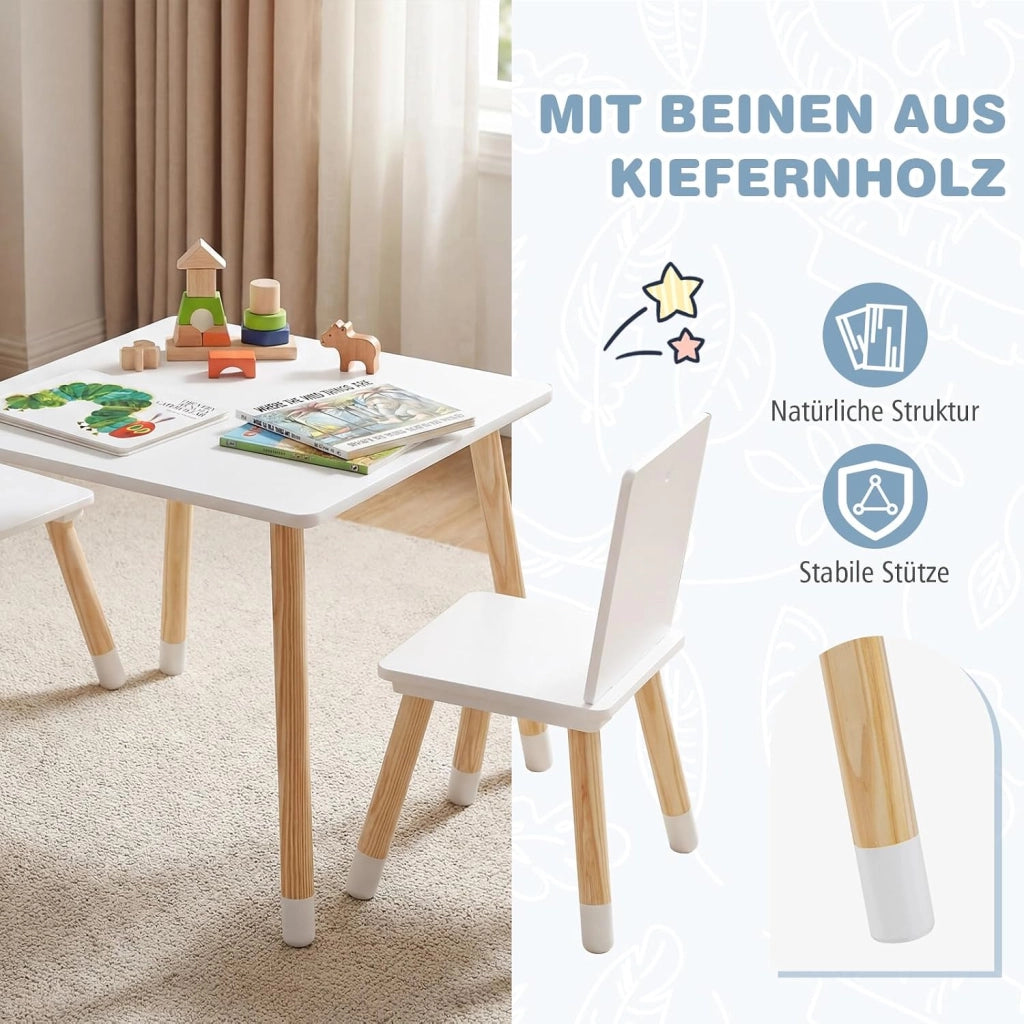 Set Tavolo e 2 Sedie per Bambini, con Gambe in Legno di Pino, Set Tavolo Attività, Mobili di Legno per Giocare Imparare Mangiare, Bianco