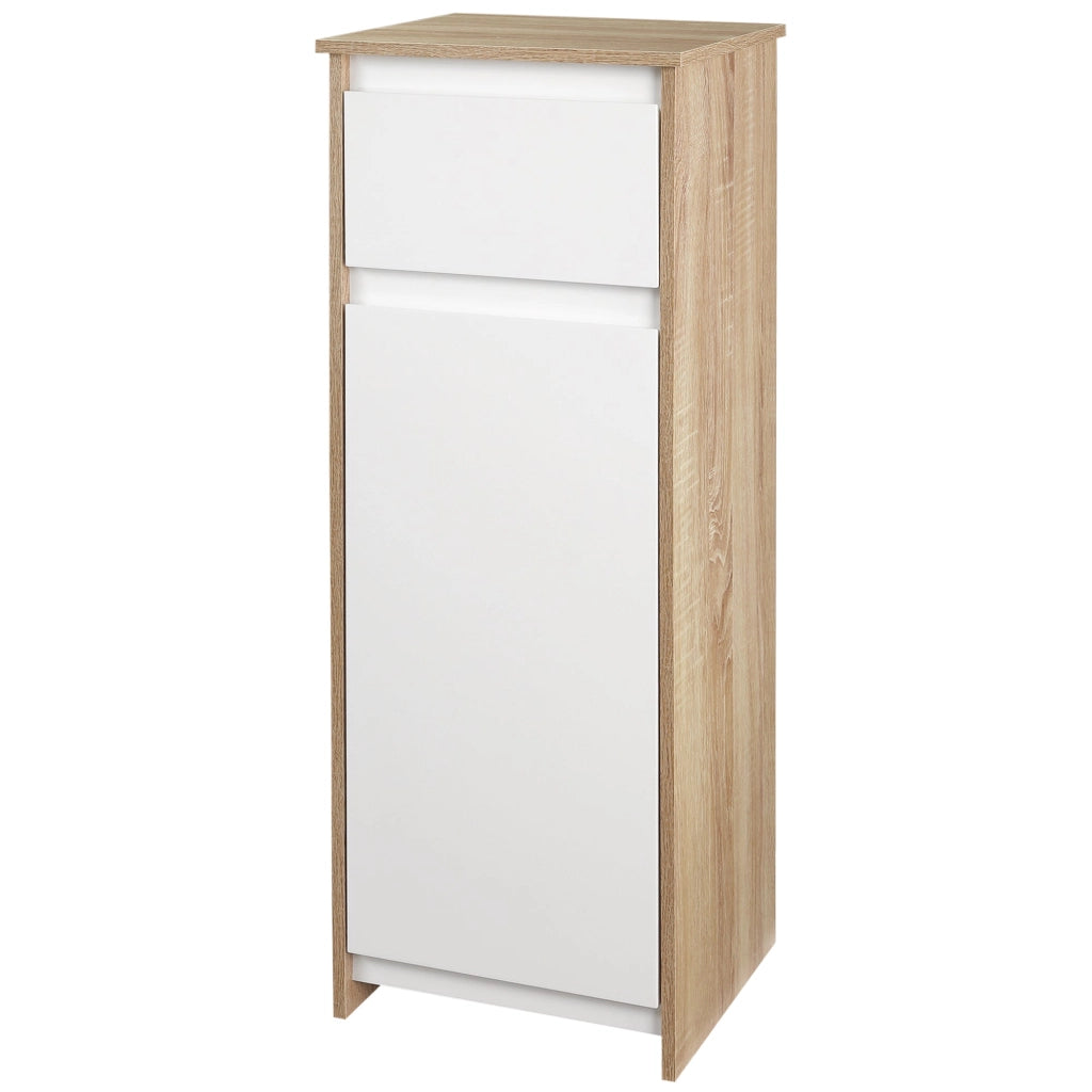 Mobile Bagno con Cassetto e Armadietto con Ripiano Regolabile Interno 32,6x30x90 cm in MDF Bianco e legno naturale