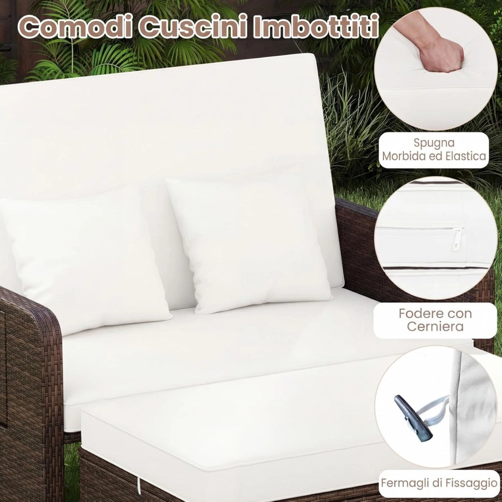 Lettino Prendisole in Rattan, Set 2 Pezzi con Divanetto & Pouf Contenitore, Schienale Regolabile a 4 Livelli e Tavolini Laterali Pieghevoli, Sdraio Doppia per Giardino e Piscina (Bianco)