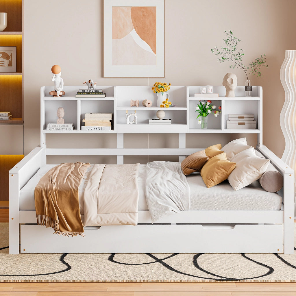 OKWISH Letto Divano 140×200 cm, Letto Matrimoniale con Letto Estraibile 90×190 cm, Contenitore e Mensole, senza Materasso, Legno, Bianco