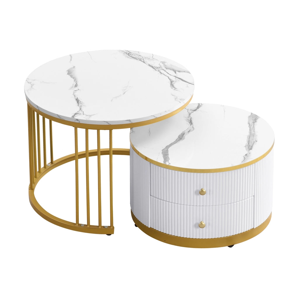 Set di tavolini da caffè 60x60x45.5 cm e 50x50x32 cm; effetto marmo lucido; 2 cassetti; MDF bianco