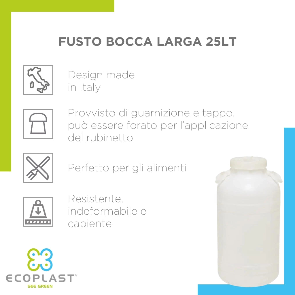 Fusto a Bocca Larghissima in Polietilene per Alimenti 25 l Bocca Ø 14 mm cm
