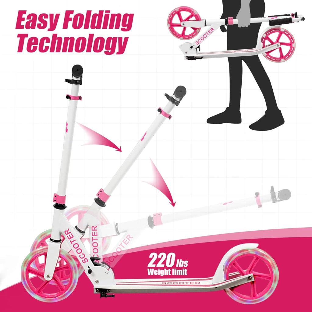 Monopattino Pieghevole per Bambini e Adulti Fino a 110kg, Manopattino a 2 Ruote Luminose con Freno, Scooter per Bambini con Manubrio Regolabile e Cinghia di Trasporto