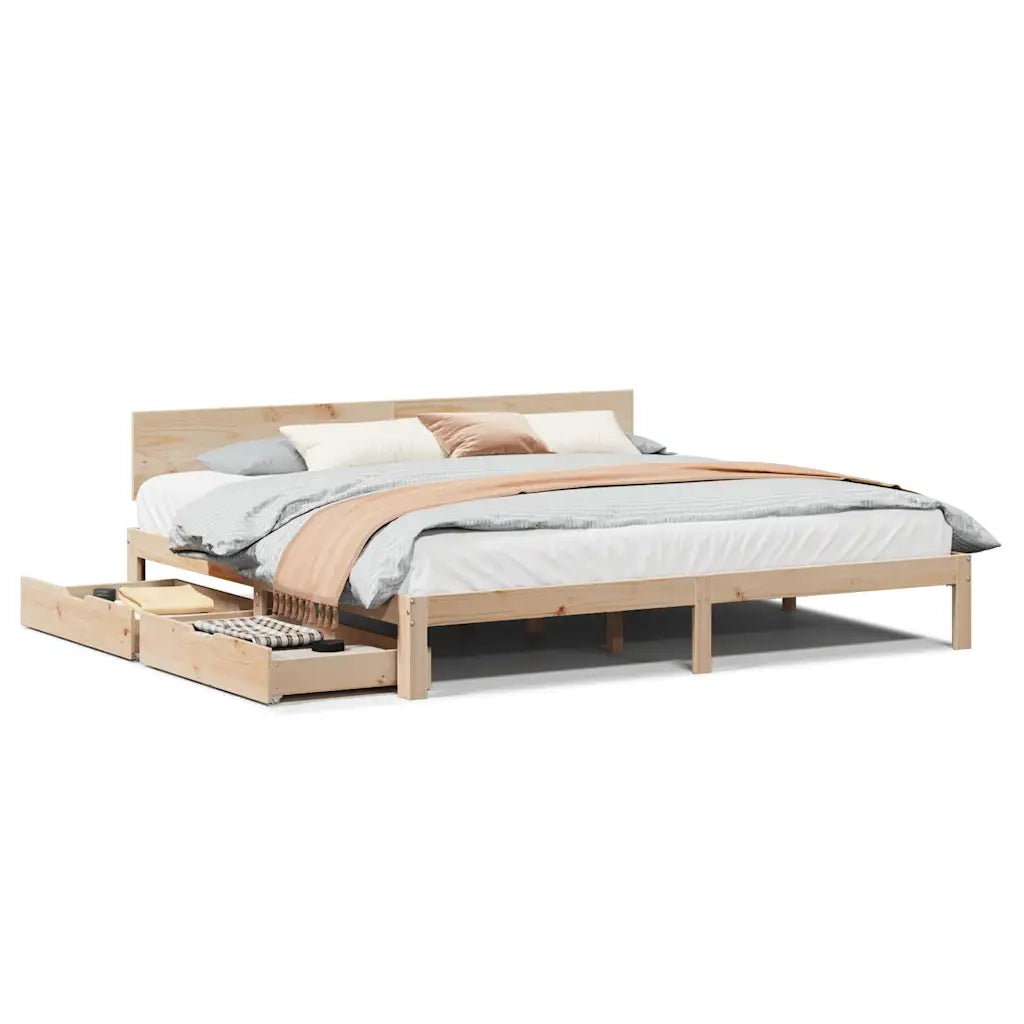 Letto matrimoniale | Letto per adulti | Giroletto con Cassetti 200x200 cm in Legno Massello di Pino
