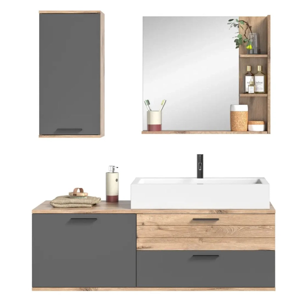 Set da bagno: mobile sotto lavabo + mezza colonna + specchio - Grigio antracite e rovere chiaro - SELMA