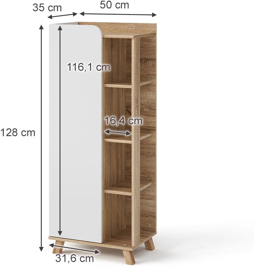 Mobiletto bagno Karen, Sonoma/Bianco, 50 x 128 cm con anta e vani a giorno, per la conservazione di articoli da bagno e asciugamani