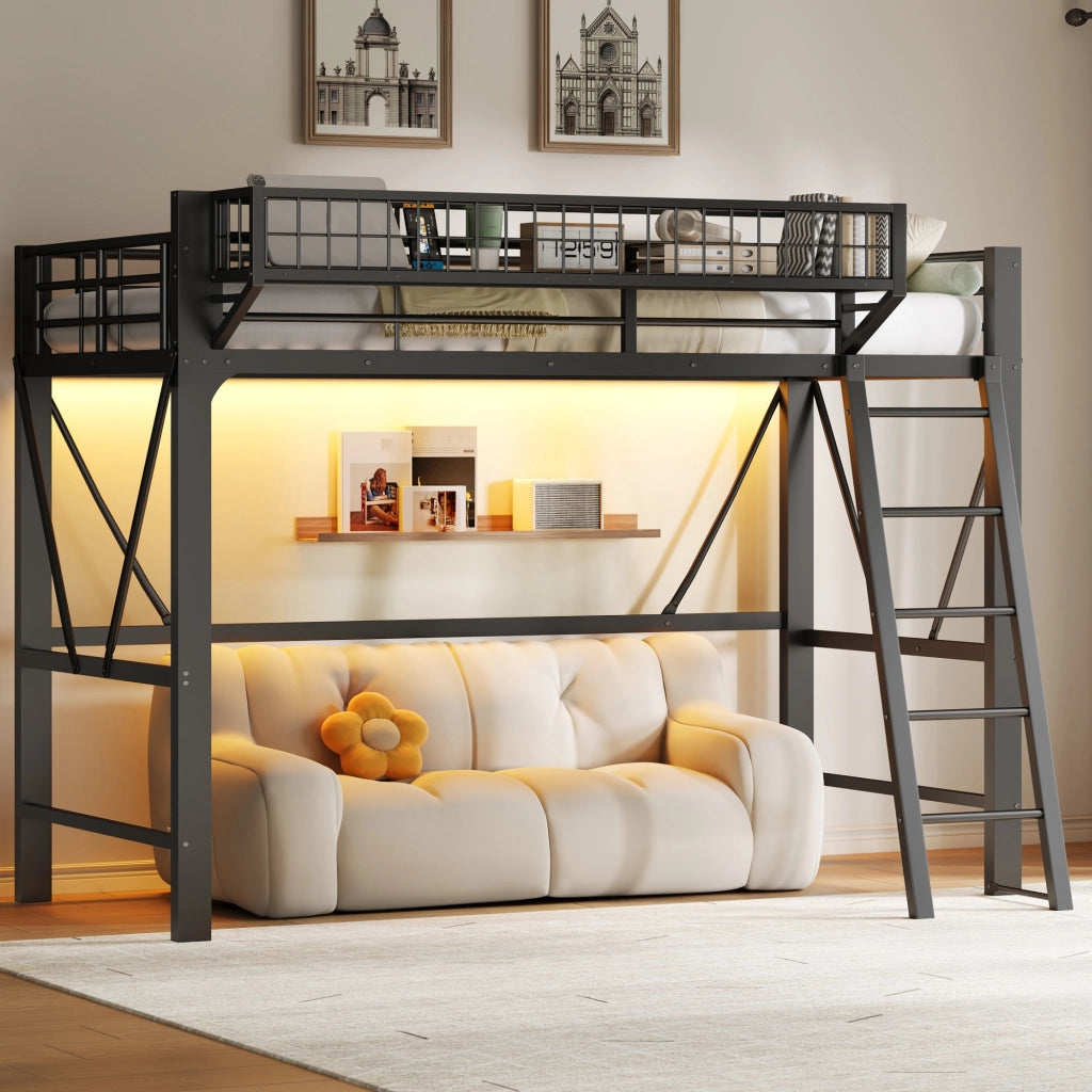 Letto a Soppalco 90x200 cm; LED; Cestello Portaoggetti; in Metallo; Nero