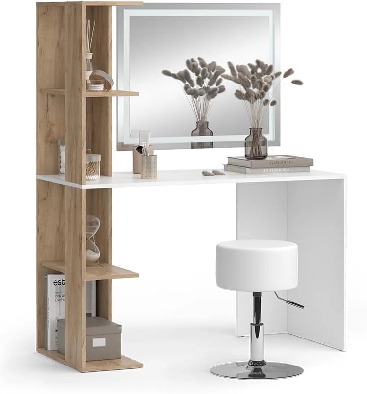 Tavolo da toeletta Tower, Bianco/Sonoma, 122.2 cm con specchio LED e sgabello, Superfici decorative per profumi e oggetti preferiti