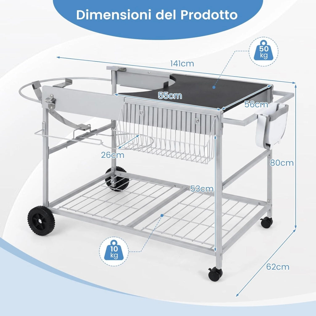 Carrello per Barbecue da Esterno, Tavolo Mobile per Barbecue con Ripiano a Rete, Porta Spezie, Portarotolo e Supporto per Sacchetti, Carrello da Cucina in Acciaio Inox, 141 x 62 x 80 cm