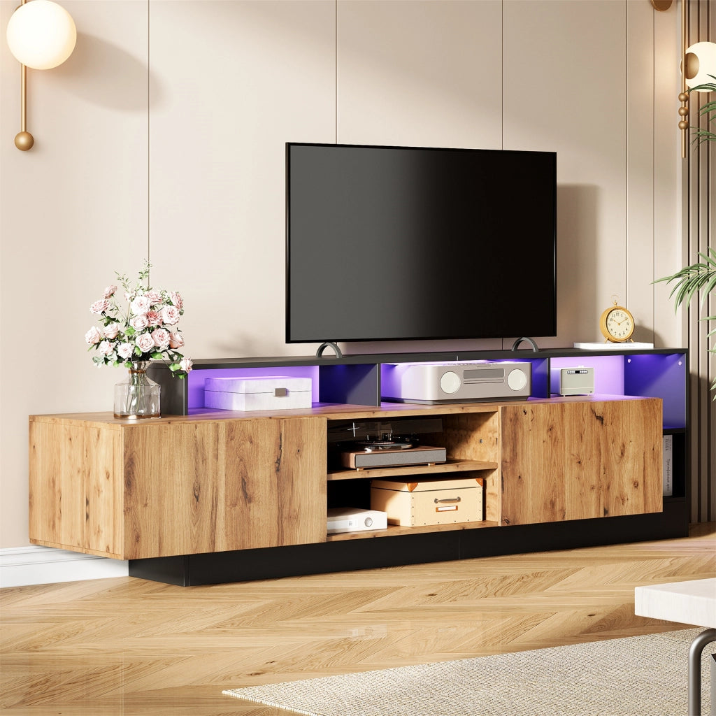 Mobile porta TV con LED e vani aperti in legno e nero per soggiorno e camera da letto 190 × 40 × 48,5 cm