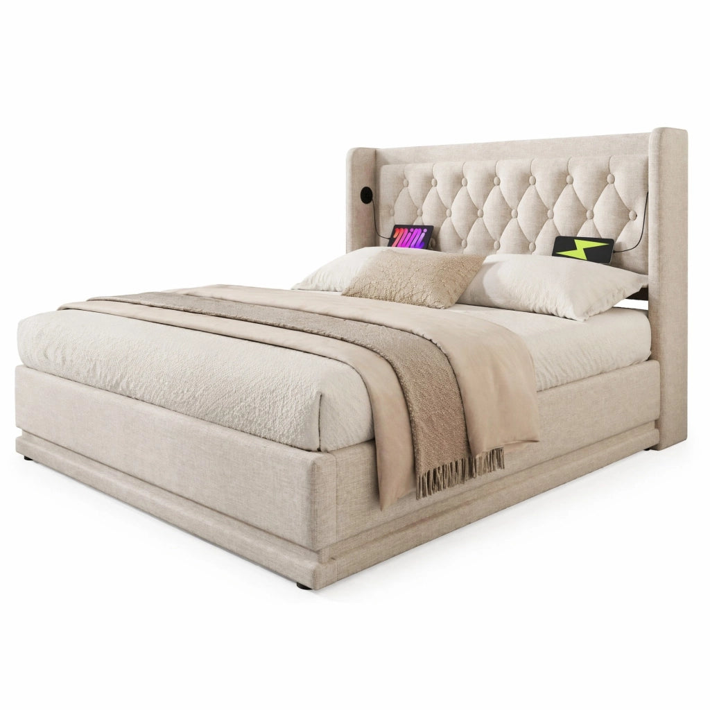 Letto matrimoniale imbottito 140x200 con contenitore, LED e porte USB/Type-C