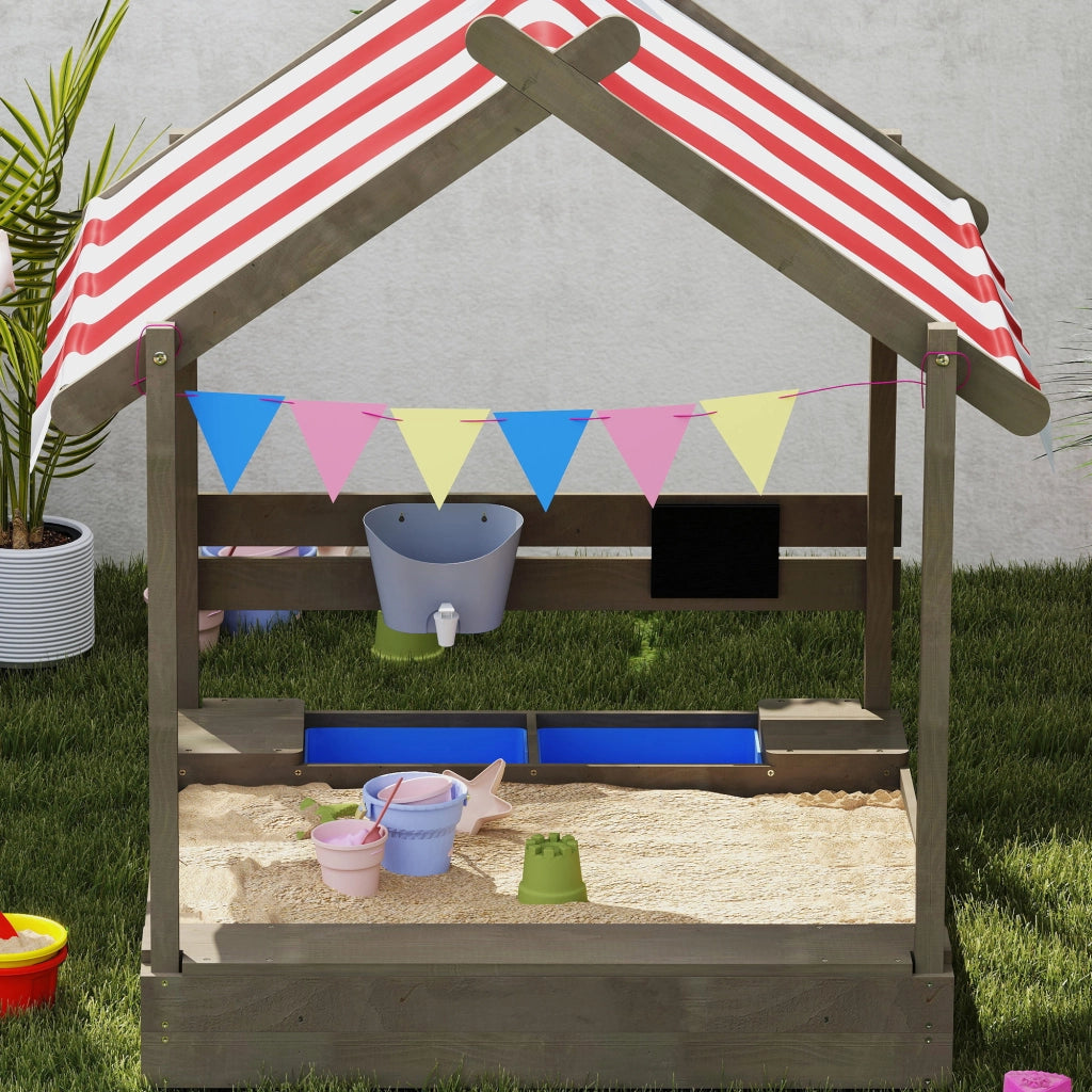 Casa di gioco per bambini con sabbiera e ombrellone ¨C zephmum ¨C 124x116x146 cm, legno massello, grigio