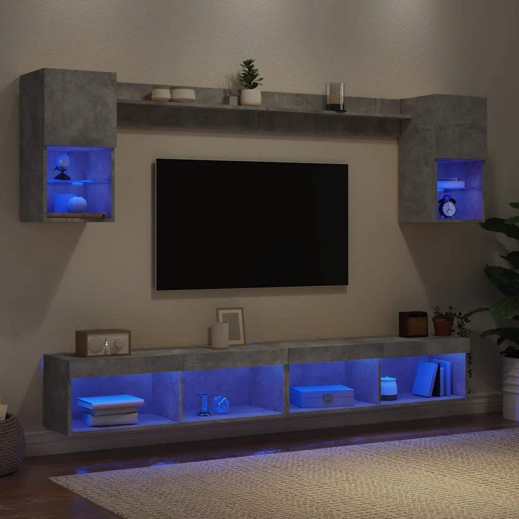 Mobili TV a Muro con LED 6pz Grigio Cemento Legno Multistrato