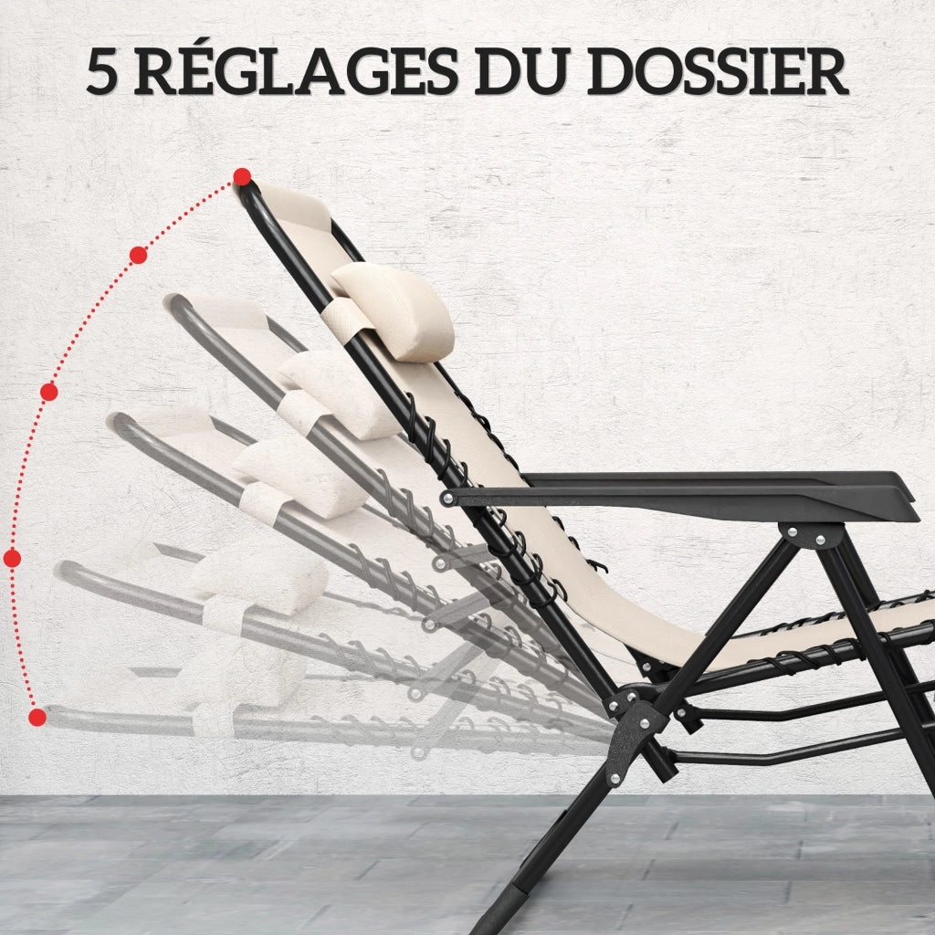 Chaise longue pliabile inclinabile ¨C zephmum ¨C beige, con tavolino e porta-bicchieri