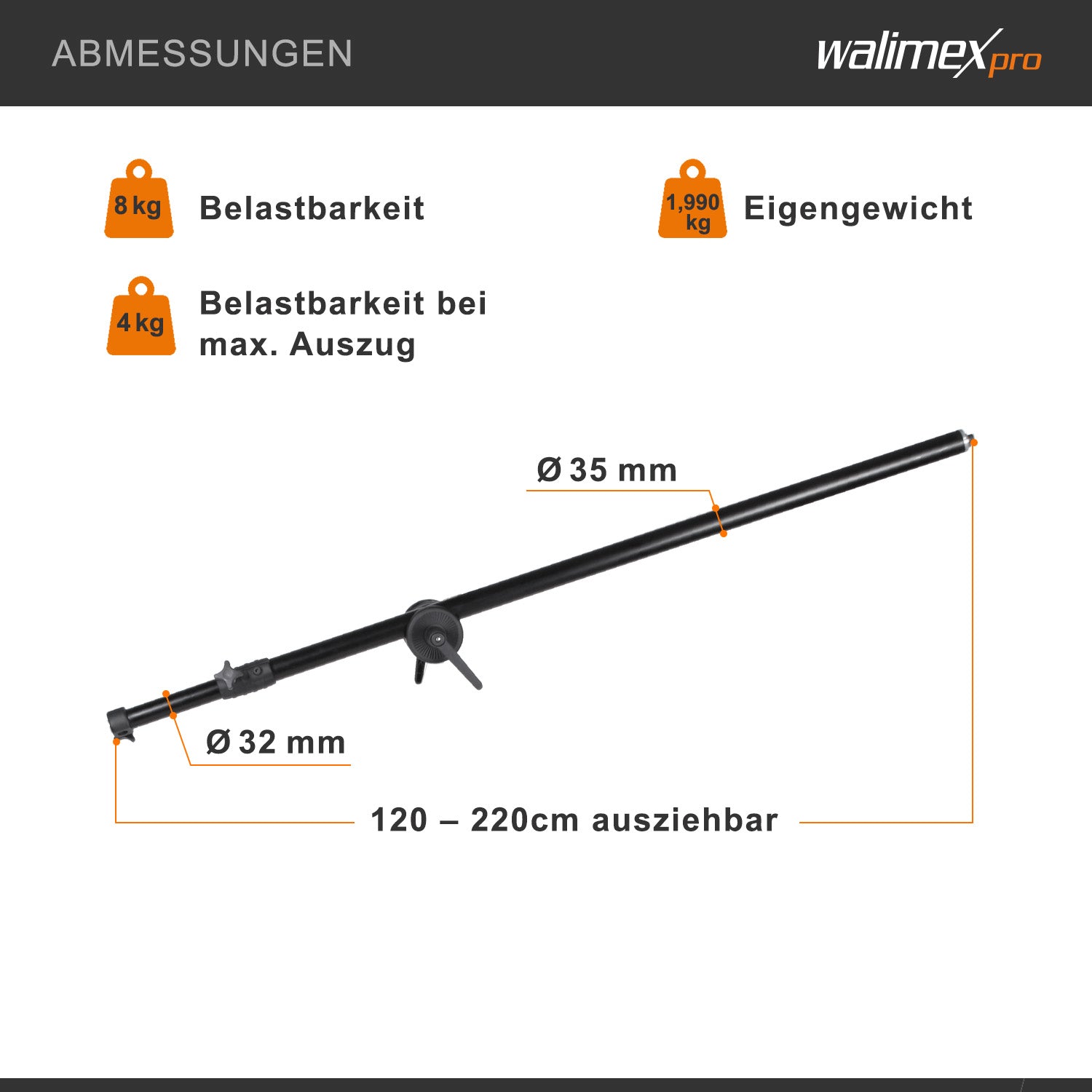 Braccio per stativo a giraffa, con zavorra a borsa, estensibile 120-220 cm, carico max 8 kg, ideale per luci, flash, softbox