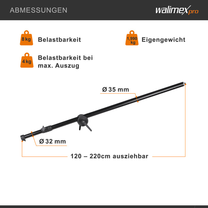 Braccio per stativo a giraffa, con zavorra a borsa, estensibile 120-220 cm, carico max 8 kg, ideale per luci, flash, softbox
