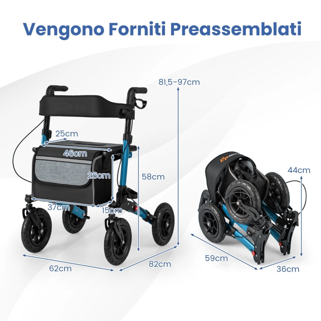 Deambulatore pieghevole con pneumatici per tutti i terreni per anziani, Deambulatore pieghevole e struttura leggera Blu Navy-Salute e bellezza