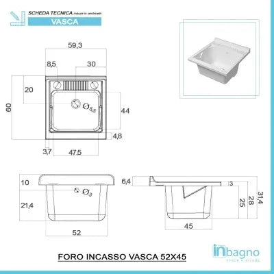 Vasca lavatoio 60x60 cm in resina bianca da incasso o in appoggio