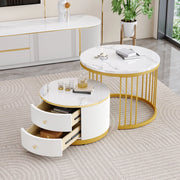 Set di 2 tavolini da caffè rotondi 60x60x45;5 cm e 50x50x32 cm; bianco lucido
