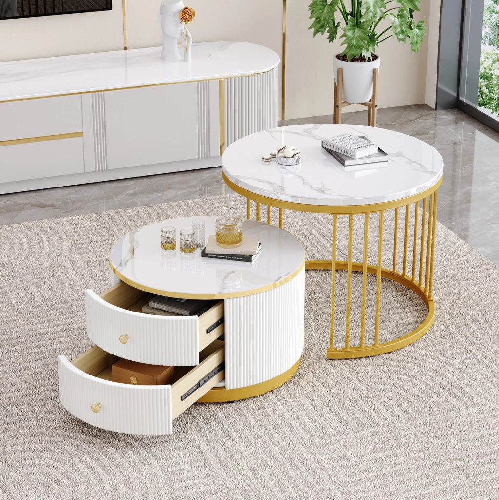 Set di 2 tavolini da caffè rotondi 60x60x45;5 cm e 50x50x32 cm; bianco lucido