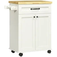 Carrello da cucina a rotelle multi-ripiani 1 cassetto 1 armadio 1 portasciugamani bianco e piano in legno