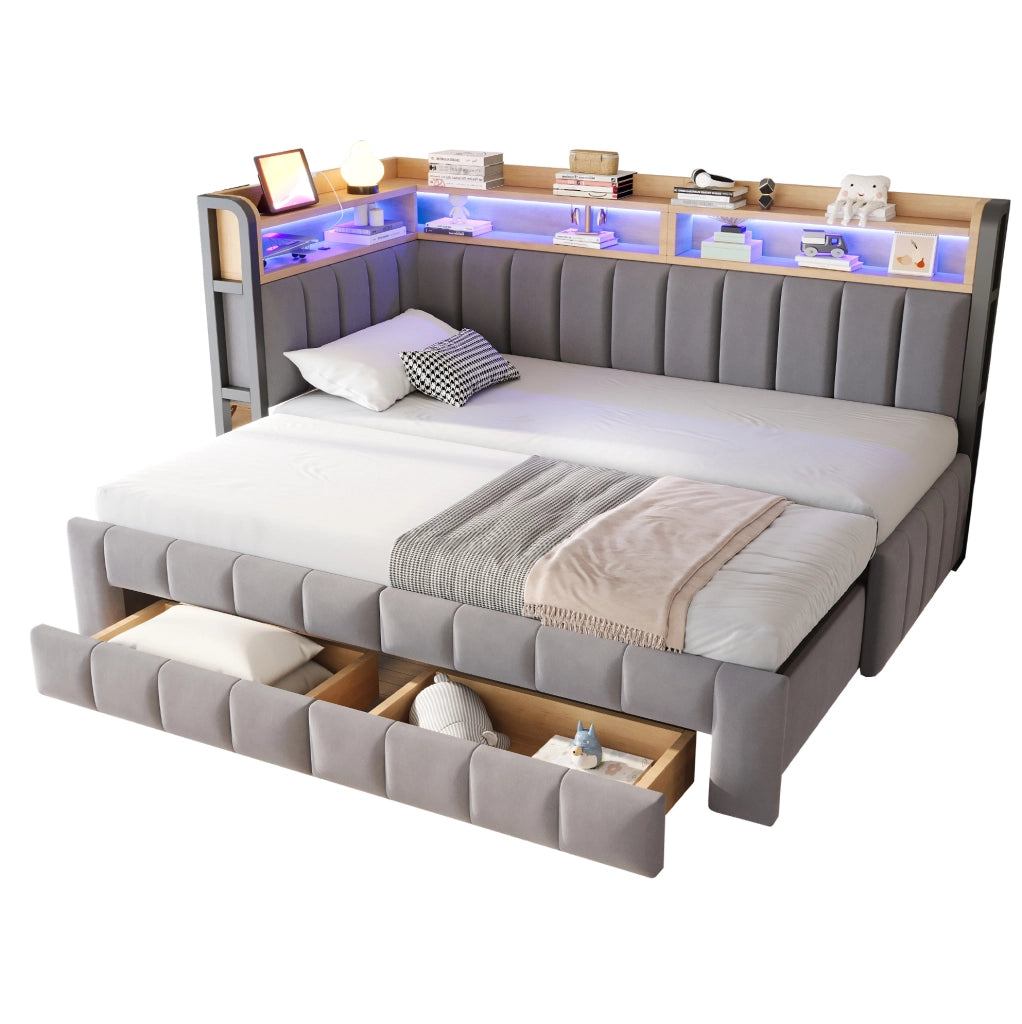 Divano letto imbottito 90x200 cm estensibile in velluto grigio chiaro con LED; USB e contenitore