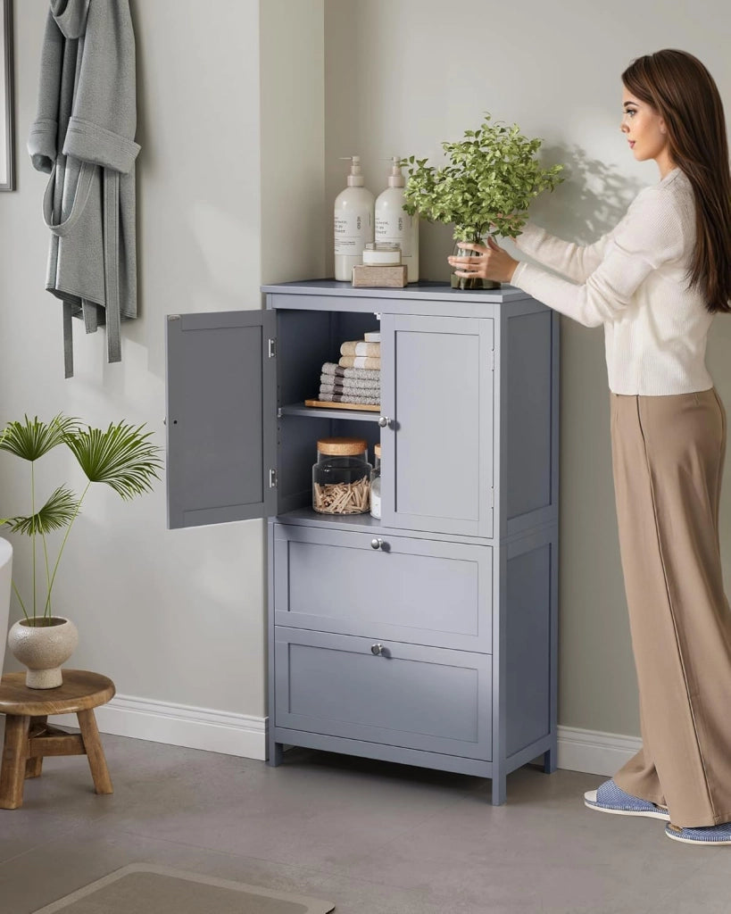 VASAGLE Mobile da Bagno, Mobiletto da Bagno, Credenza da Cucina, Armadietto con 2 Cassetti e 2 Ante, Ripiano Regolabile, 30 x 60 x 110 cm, Grigio Tortora BBC551G02