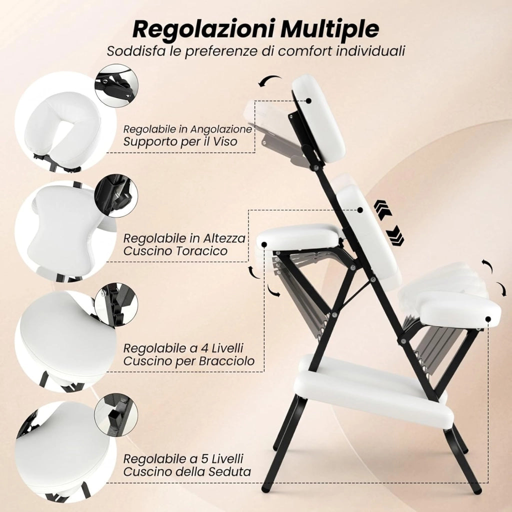 Sedia da Massaggio Pieghevole e Leggera, per Viaggi Tatuaggi e SPA, Sedia da Massaggio con Altezza Regolabile con Poggiatesta e Borsa da Trasporto (Bianco)