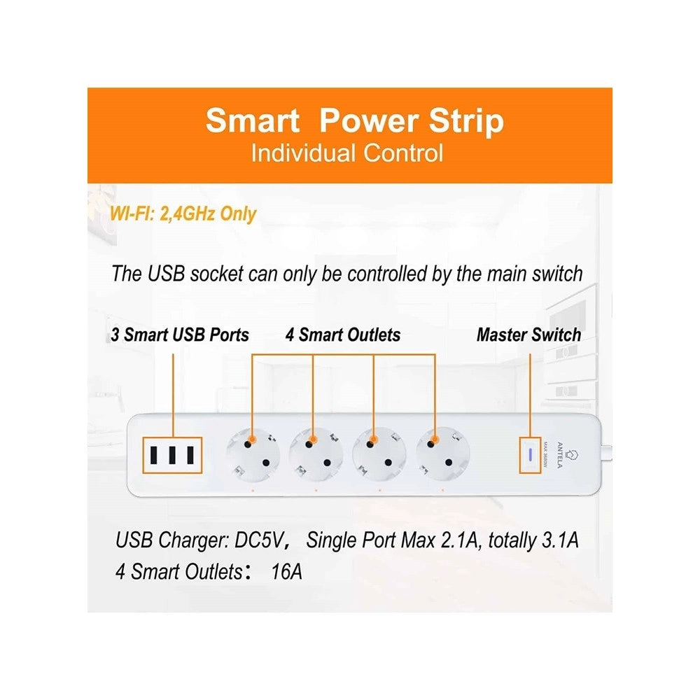 Trade Shop - Ciabatta Multipresa Smart Intelligente Wifi Con 4 Prese Ac 3 Porte Usb M3su411-eu -