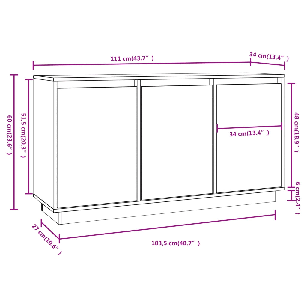 Credenza | Madia | Buffet da pranzo | Armadio da pranzo Bianca 111x34x60 cm in Legno Massello di Pino