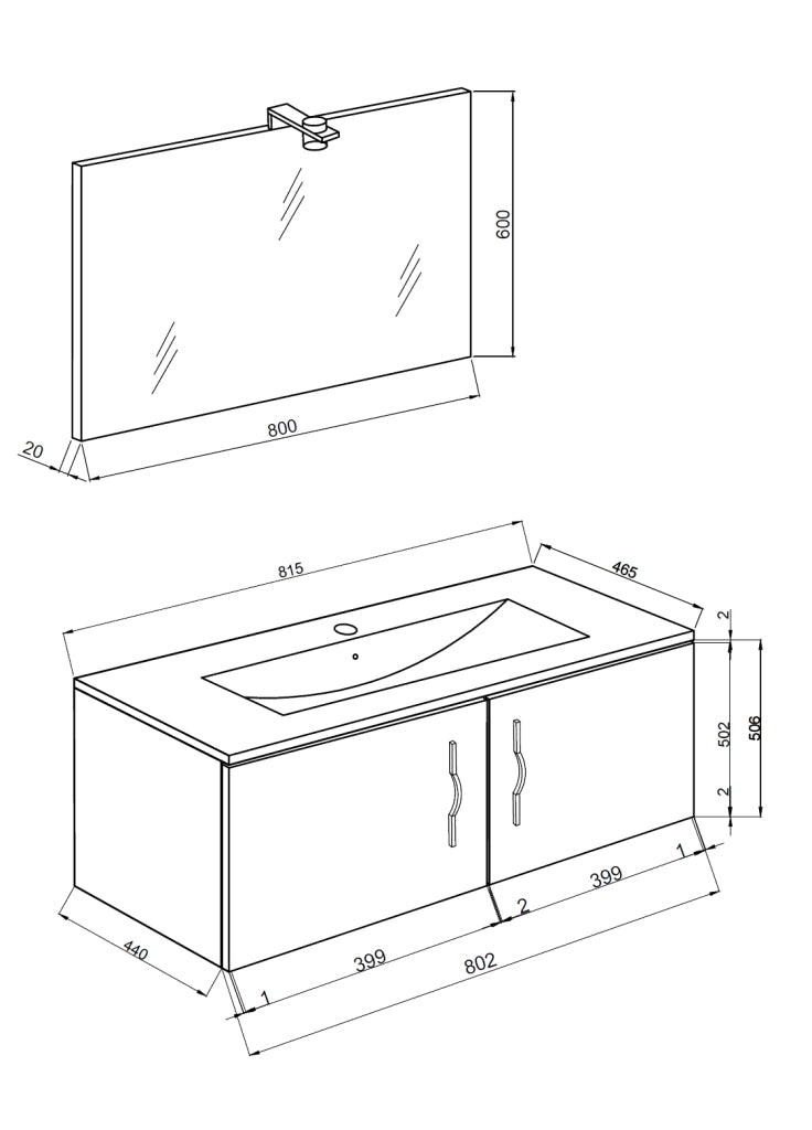 Bathroom composition 81cm , ceramic sink , cabinet and mirror with lamp model Coral 4455
