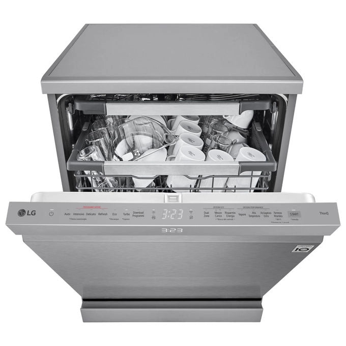 LG DF587HVS Lavastoviglie Libera Installazione Classe A -10% 14 Coperti Lavaggio a Vapore TrueSteam LED Esterno Sistema QuadWash 4 Bracci Irroratori Serie 5 Auto-Apertura 43dB Wi-Fi Grigia