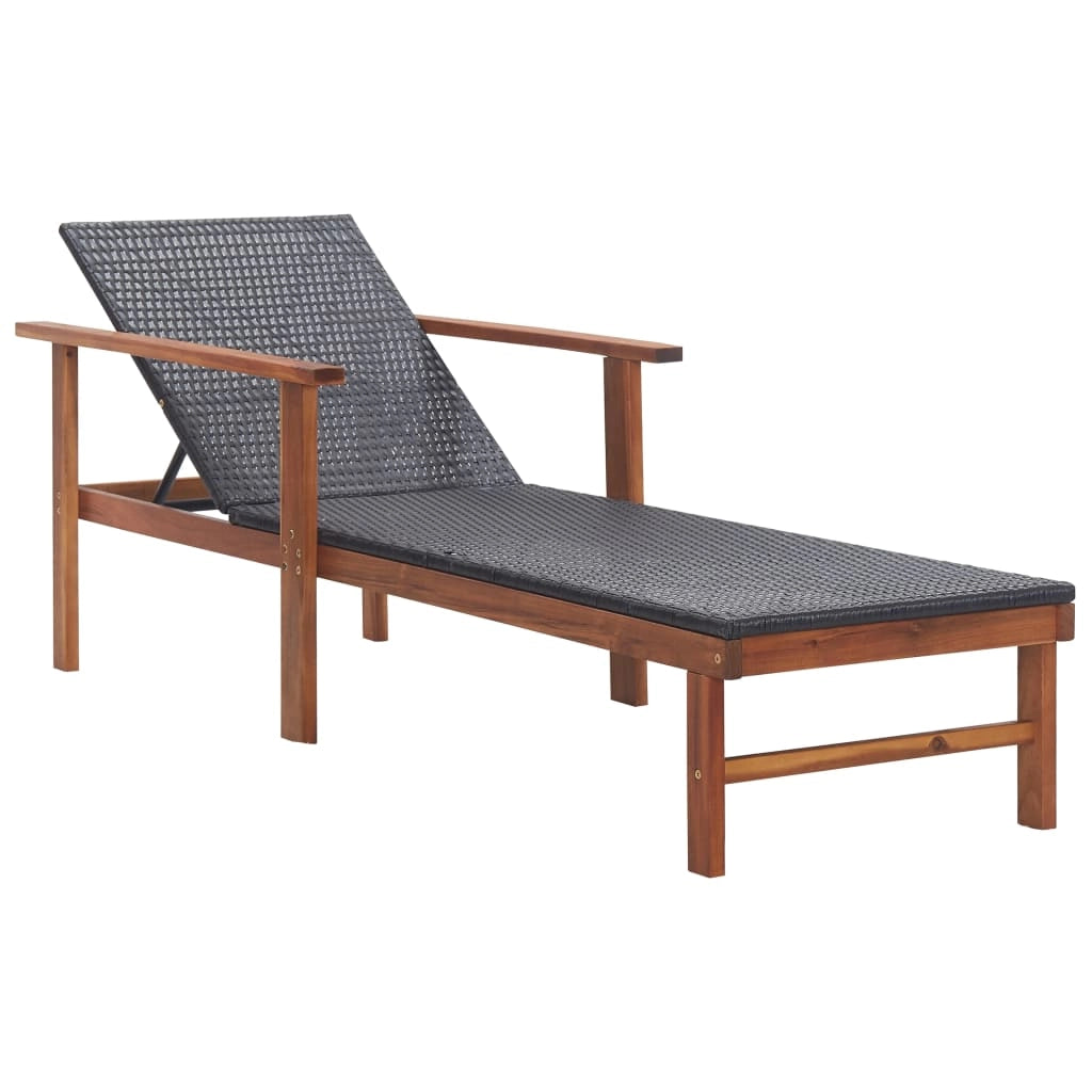 Lettino prendisole sedia a sdraio lettino prendisole letto da giardino mobili da giardino mobili da esterno e cuscino resina intrecciata e legno di acacia nero 02_0012772
