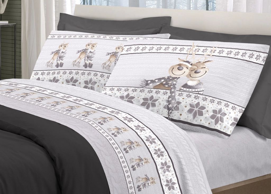 Completo Lenzuola Linea Pensieri Delicati 100% Cotone Disegno Renna - Matrimoniale - Grigio