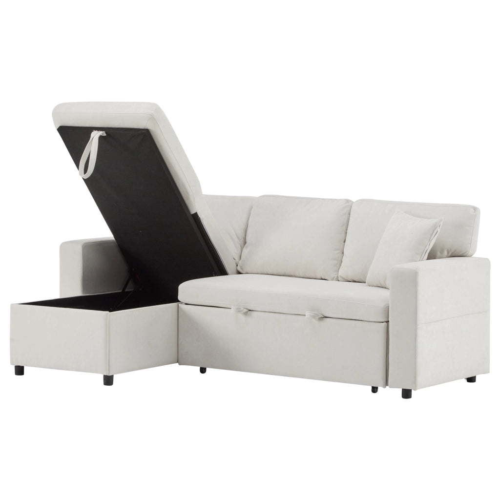Divano letto angolare 3 posti con USB, contenitore e 3 cuscini, beige