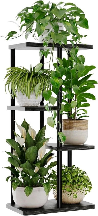 Supporto per Piante - Piccole Mensole in Metallo - Sostegno Nero per 4 Livelli e 5 Piante - Adatto per Piante Multiple in Angoli di Patio, Giardino, Balcone e Sala da Pranzo.