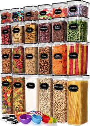 Set di conservazione per alimenti da 24, in materiale BPA-free, contenitori per cereali e conservazione alimenti, contenitori a chiusura ermetica per cucina, 40 etichette per cereali, fiori, zucchero (nero)