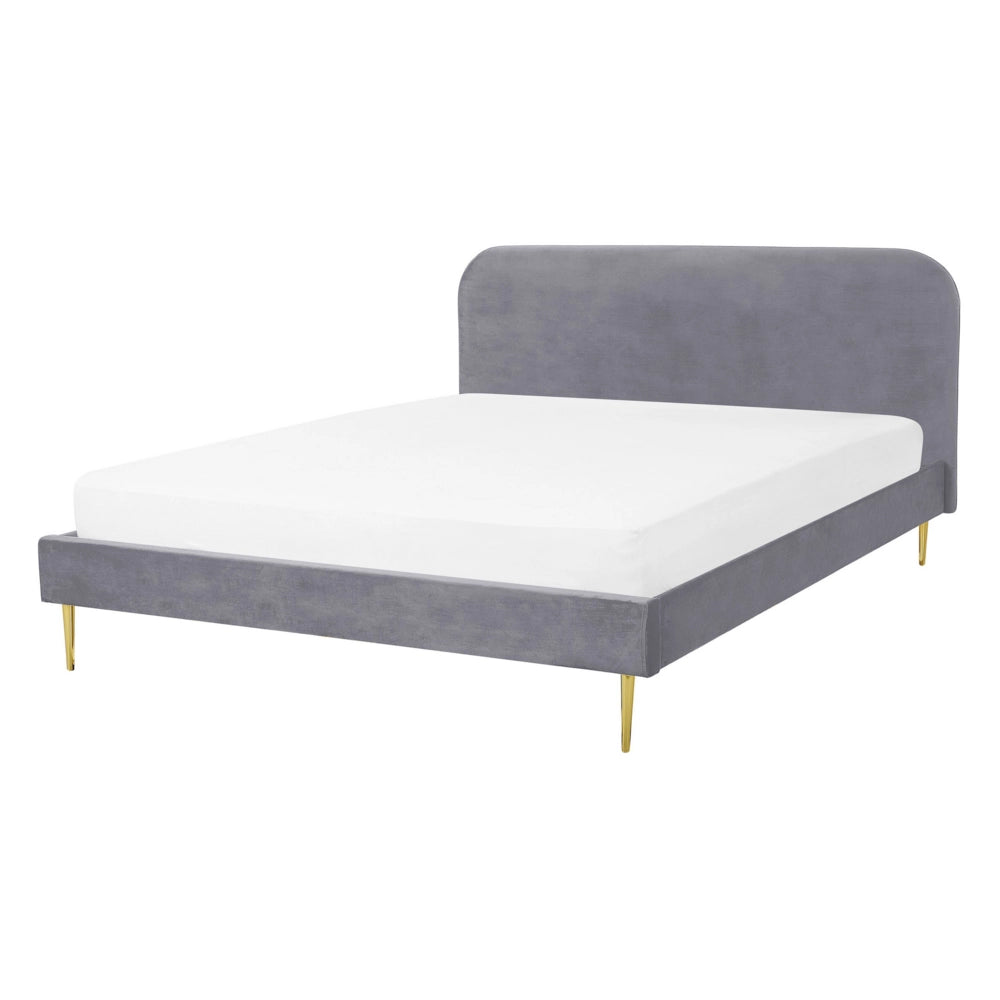 Letto grigio velluto tappezzeria doppia dimensione gambe dorate testiera con rete a doghe 140 x 200 cm design minimalista