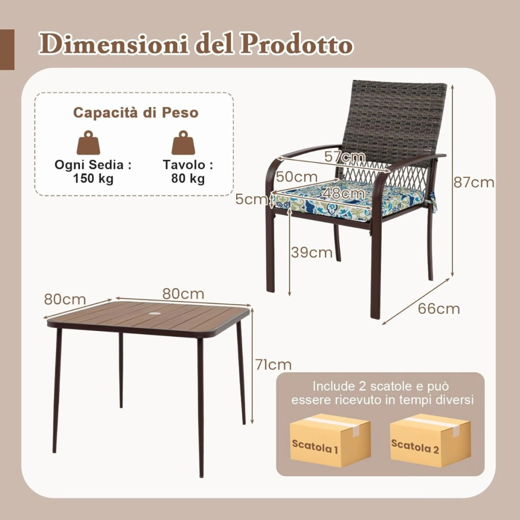 Set da pranzo da esterno 5 pezzi per giardino, Set da pranzo in rattan con cuscini e tavolo quadrato Marrone