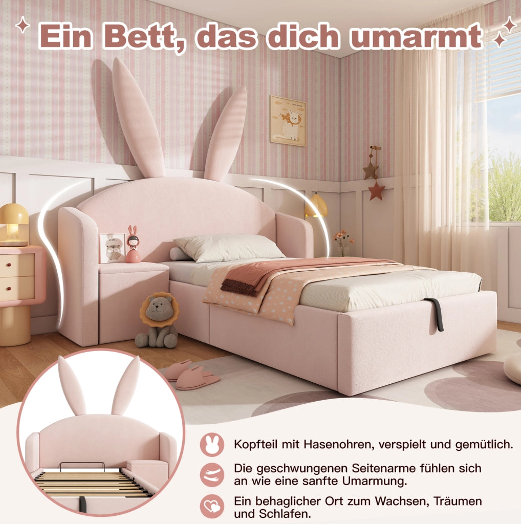 Letto imbottito per bambini 90x190 cm rosa con contenitore e comodino