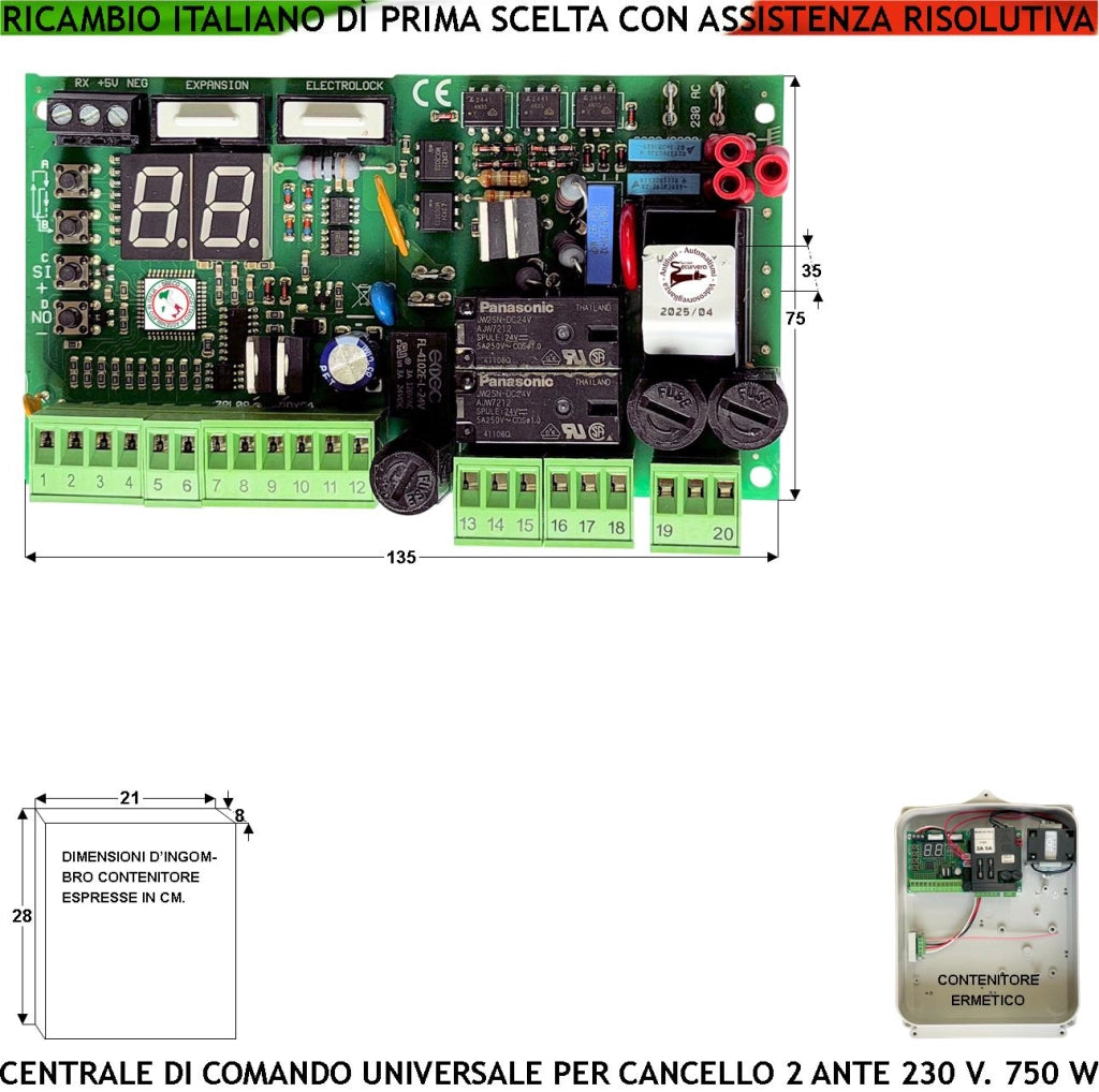 Quadro Comando Cancello 2 Ante 230 V Radio 433 MHz Tempi Funzione e Forza Programmabili Singolarmente Sensibilità Ostacolo Alimen. Accessori 24 V Lampeggi differenzi Compatibile Proteco Fac BFT Univer